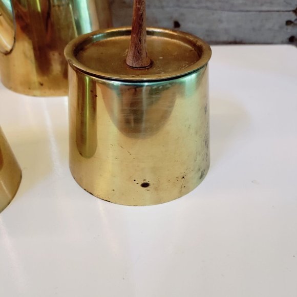 MCM Brass and Teak Japanese Tea Coffee Set Carafe Teapot Sugar Creamer Atomic - Picture 10 of 15